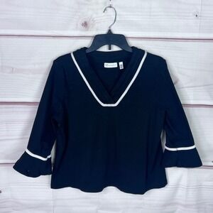 Rafaella Top Womens PXL Black V-Neck T-Shirt Flare 3/4 Sleeve Cotton Solid Knit
